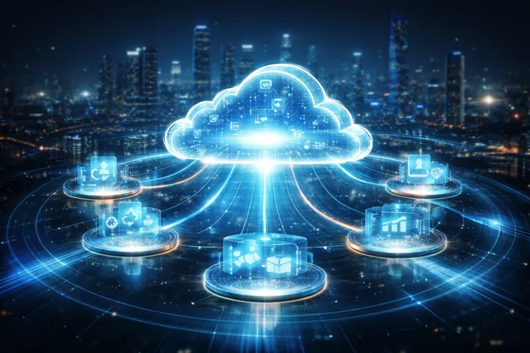 SaaS ERP platform architecture with cloud-based enterprise business modules and digital transformation technology.